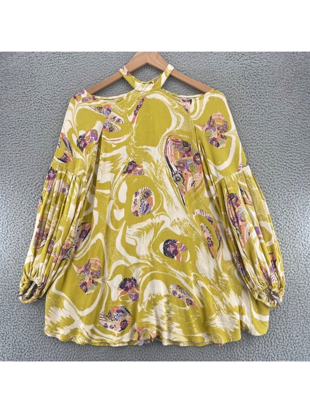 Free People Top Women Extra Small Yellow Floral Cold Shoulder Bell Bishop Sleeve
